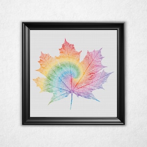 Tie-Dye Maple Leaf Cross Stitch Pattern PDF - Psychedelic Rainbow Bitmap Style Counted Crossstitch