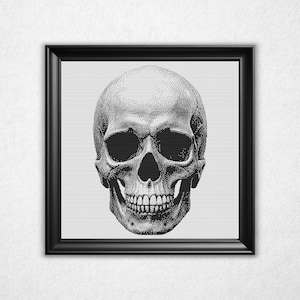 Monochrome Human Skull Cross Stitch Pattern - Black & White Bitmap Design (Instant Download PDF)