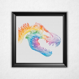Schema punto croce teschio T-Rex Tie-Dye in PDF - Punto croce contato in stile bitmap arcobaleno psichedelico
