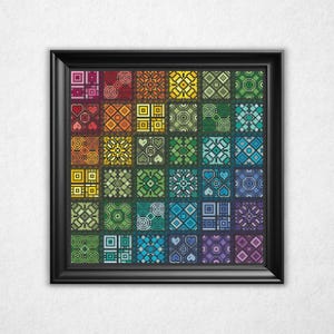 Rainbow Square Tile Sampler - Cross Stitch Pattern PDF, Quaker Style Counted Crossstitch