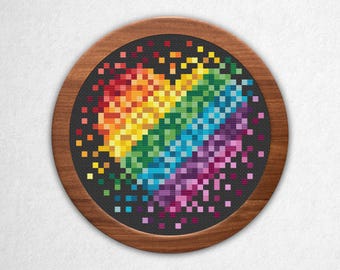 Rainbow Block Heart - Cross Stitch Pattern PDF, 3x3 Block Pixel Art Style Counted Crossstitch
