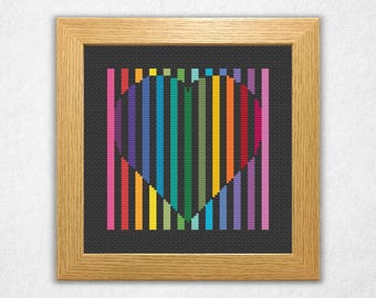 Reverse Heart - Cross Stitch Pattern PDF, Small Geometric Style Abstract Rainbow Counted Crossstitch