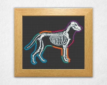 Neon Dog Skeleton - Cross Stitch Pattern PDF, Vaporwave Retro Style Counted Crossstitch