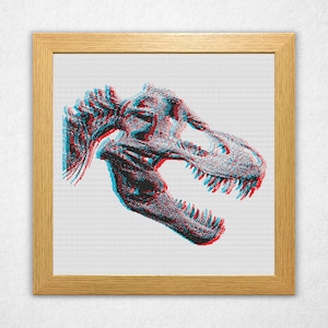Digital rendering of a cross stitch on white aida cloth in a wooden frame of a bitmap style Tyrannosaurus rex, or t-rex, dinosaur skull in an anaglyph 3d style with cyan on the left and red on the right and offset vertically by a few stitches.