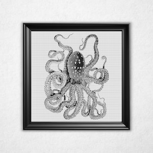Monochromes Riesenoktopus Kreuzstichmuster - Schwarz-Weiß-Bit Map Design (Instant Download PDF)
