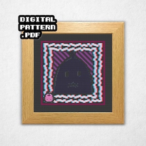 Puede incluir: Un patrón digital de punto de cruz enmarcado. La obra de arte presenta un diseño pixelado con una figura púrpura oscura, enmarcada en un borde de estilo glitch con acentos rosas, blancos y azules. El texto "DIGITAL PATTERN .PDF" está en la esquina superior izquierda.
