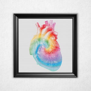 Tie-Dye Anatomical Heart Cross Stitch Pattern PDF - Psychedelic Rainbow Bitmap Style Counted Crossstitch