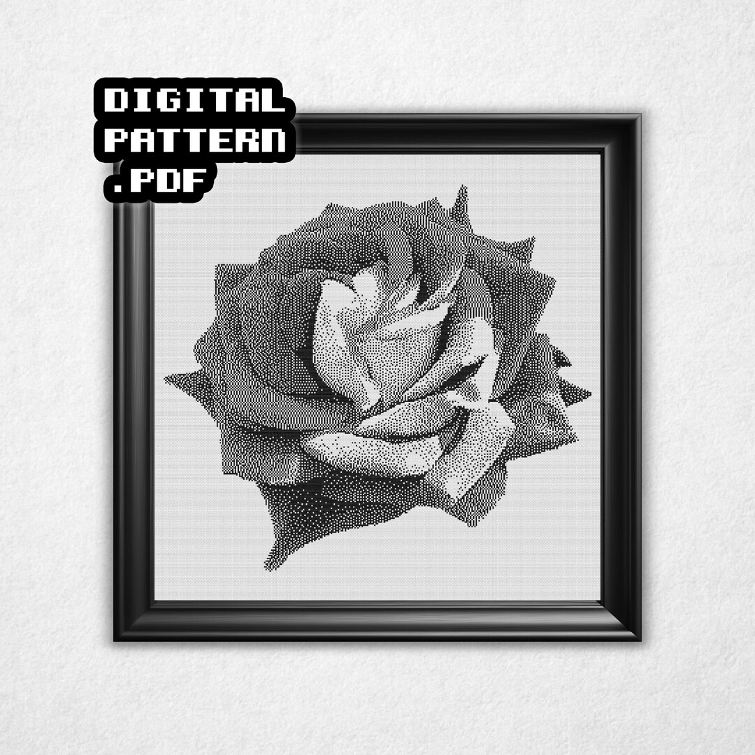 Monochrome Rose Cross Stitch Pattern - Black & White Bitmap Design ...