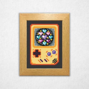 Retro Hand-Held - Hearts & Sparkles - Cross Stitch Pattern PDF, Small Gaming Counted Crossstitch