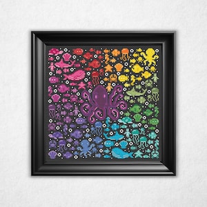 クロマティックオーシャン - クロスステッチパターンPDF、カラーホイールピクセルアートスタイルカウントクロスステッチ