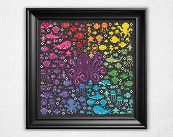 Chromatic Ocean - Cross Stitch Pattern PDF, Color Wheel Pixel Art Style Counted Crossstitch
