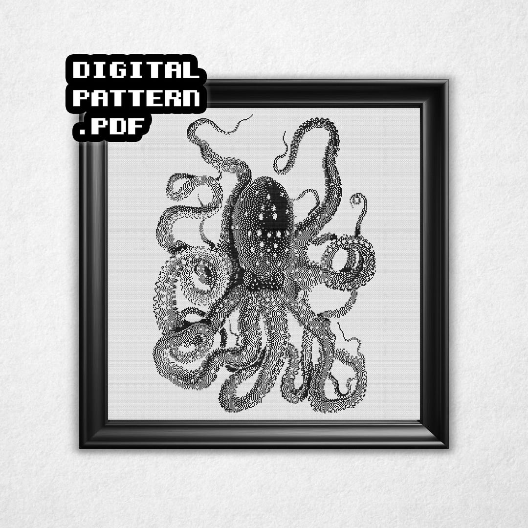 Octopus Bitmap Monochrome Giant Octopus Cross Stitch Pattern - Black & White Bitmap ...