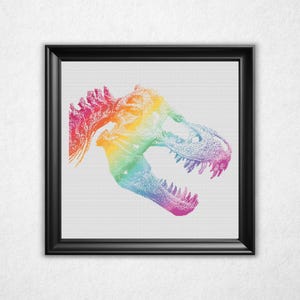 Patrón de punto de cruz de cráneo de T-Rex cromático en PDF - Punto de cruz contado estilo mapa de bits con degradado arcoíris