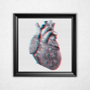 3D Heart Cross Stitch Pattern PDF - Anaglyph 3-D Bitmap Style Counted Crossstitch
