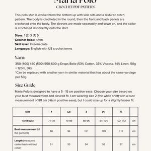 May include: A crochet PDF pattern for a polo shirt, titled "Maria Polo." The pattern includes sizes 1 through 5, crochet hook size 4mm, and intermediate skill level. The size guide provides bust measurements in centimeters, ranging from 71-78 cm to 102-112 cm.