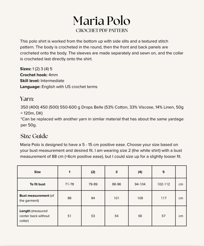 May include: A crochet PDF pattern for a polo shirt, titled "Maria Polo." The pattern includes sizes 1 through 5, crochet hook size 4mm, and intermediate skill level. The size guide provides bust measurements in centimeters, ranging from 71-78 cm to 102-112 cm.
