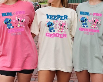 Disney Stitch Angel Gender Reveal Shirt, Comfort Colors,Keeper Of The Gender Shirt,Baby Shower Blue or Pink Shirt, Boy or Girl Pregnancy Tee