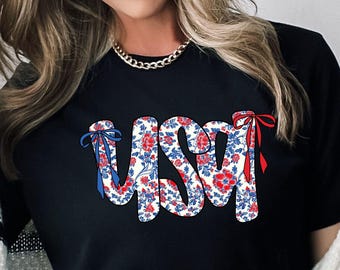 Coquette Floral USA T-shirt, 4th of July Shirt, Retro USA Bow Shirt, Floral Patriotic Shirt, Gift For Her, Botanical Independence Day Tee