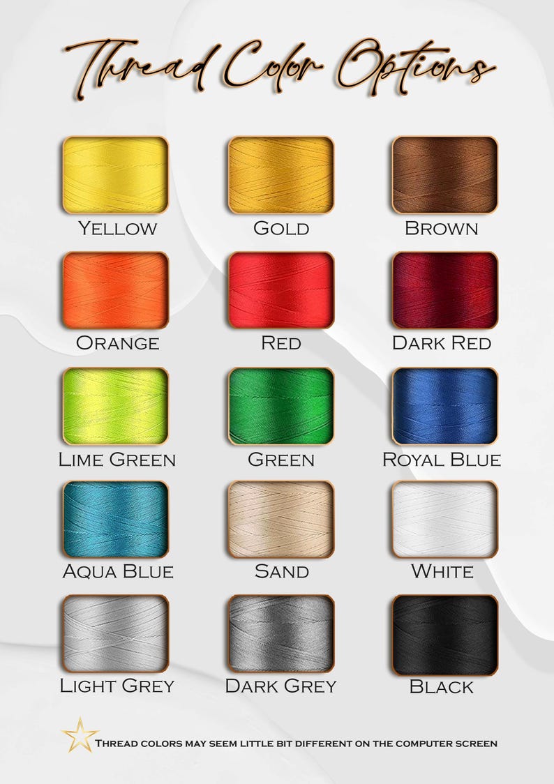 Puede incluir: Una tabla que muestra las opciones de color de hilo para bordar. Los colores son: amarillo, dorado, marr&oacute;n, naranja, rojo, rojo oscuro, verde lima, verde, azul real, azul aguamarina, arena, blanco, gris claro, gris oscuro y negro.