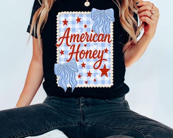 Camiseta American Honey 4th of July Coquette Bow / Camiseta gráfica de cuadros vichy patriótica para mujer / Top de chica campestre rojo, blanco y azul / Camisetas para festivales de verano