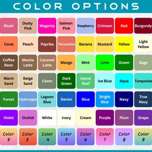 Peut inclure: Un nuancier avec un fond turquoise et un texte blanc indiquant "OPTIONS DE COULEUR". Le tableau affiche une grille d'&eacute;chantillons de couleurs, chacun &eacute;tiquet&eacute; avec un nom de couleur, dont rose, bleu, vert et jaune.