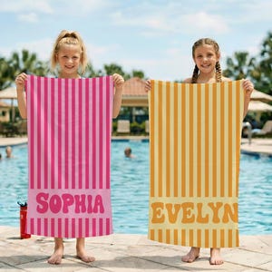 Personalized Kids Beach Towel Custom Name | Retro Groovy Stripes Summer Pool Birthday Gift Toddler Boys Girls Vacation Fun Sun | Gift Idea
