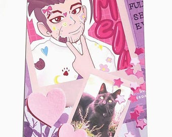 May include: A pink and purple collage featuring a cartoon illustration of a person with a peace sign, a black cat, and the word "Meow" in pink letters.