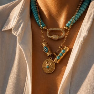 Chunky Turquoise Necklace, Gold Plated Evil Eye Amulet