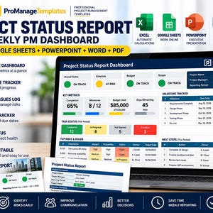 Project Status Report Template, Weekly PM Dashboard | Excel + Google Sheets + PowerPoint + Word + PDF