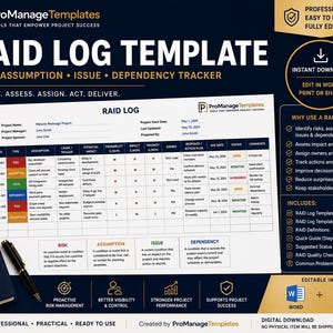 RAID-Protokollvorlage | Risikobewertungs-Abhängigkeitsverfolgung | Projektmanagement-Vorlage | Bearbeitbare Word- und PDF-Datei