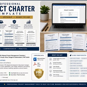 May include: A professional project charter template for Microsoft Word, featuring four documents including a template, completed example, user guide, and quick start guide. The layout displays project management tools, text, and icons.