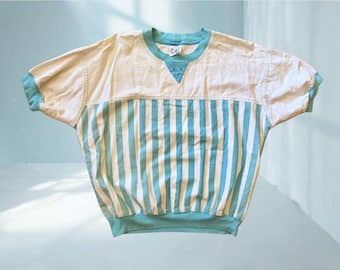 Vintage Petrol Streifen Sweatshirt: 80er 90er Colorblock Top