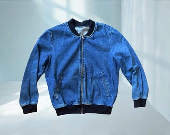 Vintage Denim Bomber Jacket American Apparel Style Blue Jean Zip Up Minimal