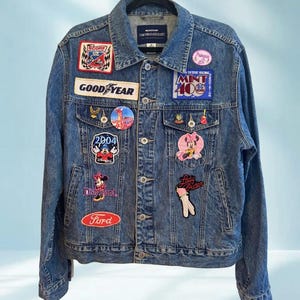 Vintage Patchwork Denim Jacket Disney Racing Biker Style Custom Jean Jacket One of a Kind