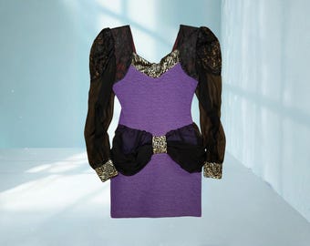 Vintage Purple Lace Sleeve Dress | 80s 90s Romantic Peplum Bodycon Leopard Detail
