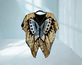 Vintage Art Deco Schmetterlings-Pailletten-Seidentop | 80er Jahre Perlen Disco Bluse | Retro Abend Glam