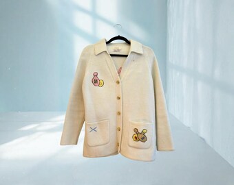 Vintage 1950s Lilly of California Bowling Sweater: Novelty Knit Cardigan