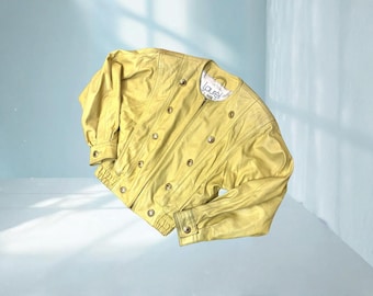 Vintage Laurel Leather Jacket Yellow Cropped 80s Designer Gold Button Statement Jacket Rare Luxury