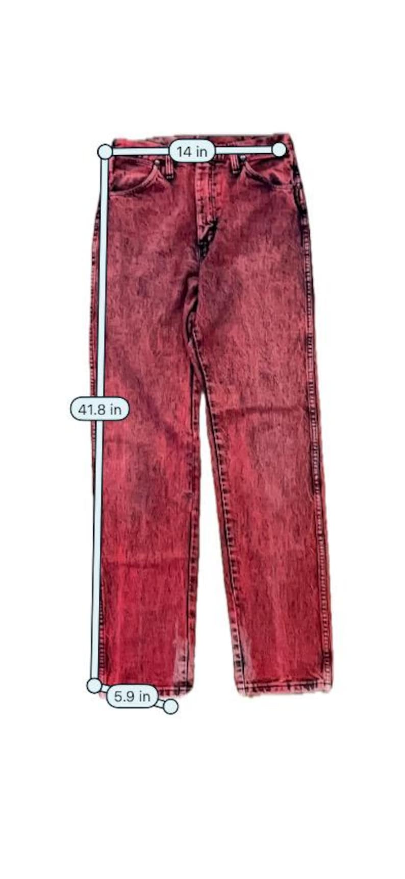 May include: Red acid wash jeans with a straight leg design. The waist measures 14 inches, the length is 41.8 inches, and the hem is 5.9 inches. These jeans are a stylish addition to any wardrobe.