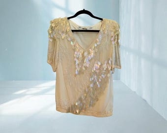 Oleg Cassini Pailletten Seiden Top: 1980er Vintage Opal Perlen Bluse
