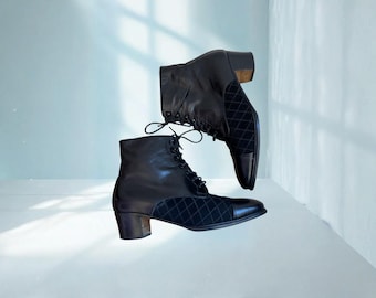 Vintage Italian Leather Ankle Boots | Black Quilted Velvet Lace-Up Heeled Booties