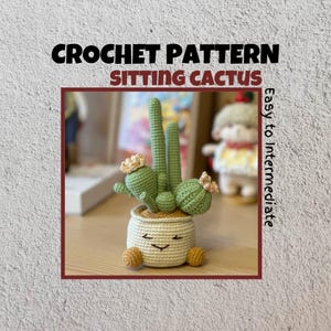 May include: Crochet pattern for a sitting cactus. The cactus is green and has a white pot with a smiling face. The pattern is easy to intermediate level.
