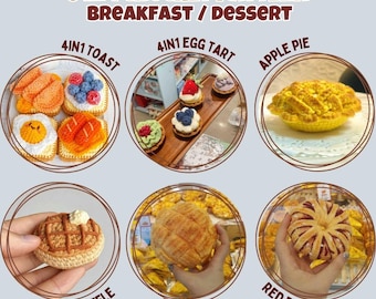 6 IN 1 Essen Frühstück Häkelanleitung Bundle 1 Toast Brot Teatime Ei Tart Erdbeer Apfelkuchen Einfache Waffel Polo Ananas Brötchen Rote Bohne
