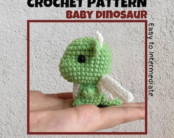 Baby Dino Crochet Pattern Dinosaur Stuffed Animal Plush Toy Amigurumi Mini Cute Palm Size T-rex Tyrannosaurus Dragon Kawaii Keychain