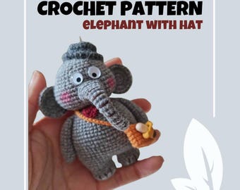 May include: Crochet pattern for an elephant wearing a hat. The elephant is gray with a red nose and a yellow and orange bag. The pattern is described as easy to intermediate.