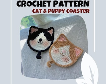 Cat and Puppy Coaster Crochet Pattern Valentine Kitten Cup Holder No Sew Coaster Tabby Cat Home Applique Husky Dog Easy Beginner Friendly