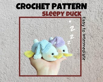 Sleepy Duck Crochet Pattern Baby Rattle Duck  Amigurumi PDF Sleeping Duck Animal Keychain Mini Cute Hat Duck Plushie Toy Chenille Yarn