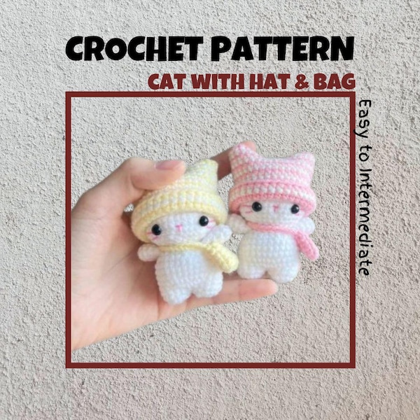 Kawaii Cat Crochet Pattern Mini Beanie Hat Cat w Shoulder Bag Amigurumi Stuffed Animal Plush Toy Keychain Small Cute Kitten Tabby Loaf Cat