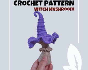 Witch Mushroom Crochet Pattern Low Sew Mushroom Fungi with Witch Hat Cap Amigurumi PDF Mushroom Plush Toy Plushie Pillow Halloween Decor