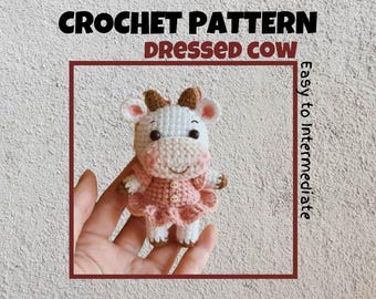 Dressed Cow Crochet Pattern Girl Cow Amigurumi Pattern PDF Female Stuffed Animal Toy Keychain Short Skirt Cute Kawaii Baby Cow